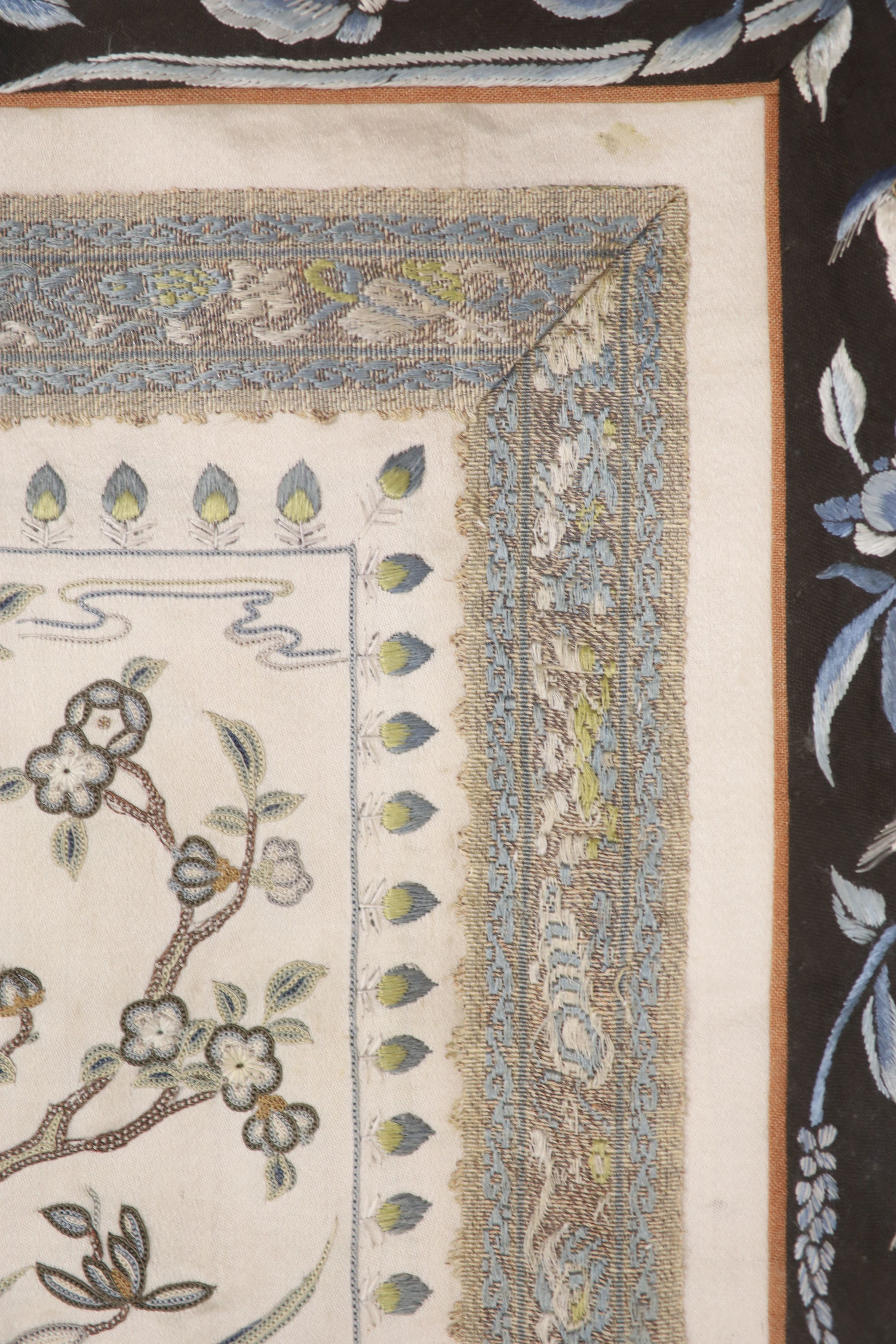 Two framed Chinese late Qing embroidered silk panels 71 x 39cm & 62 x 32cm